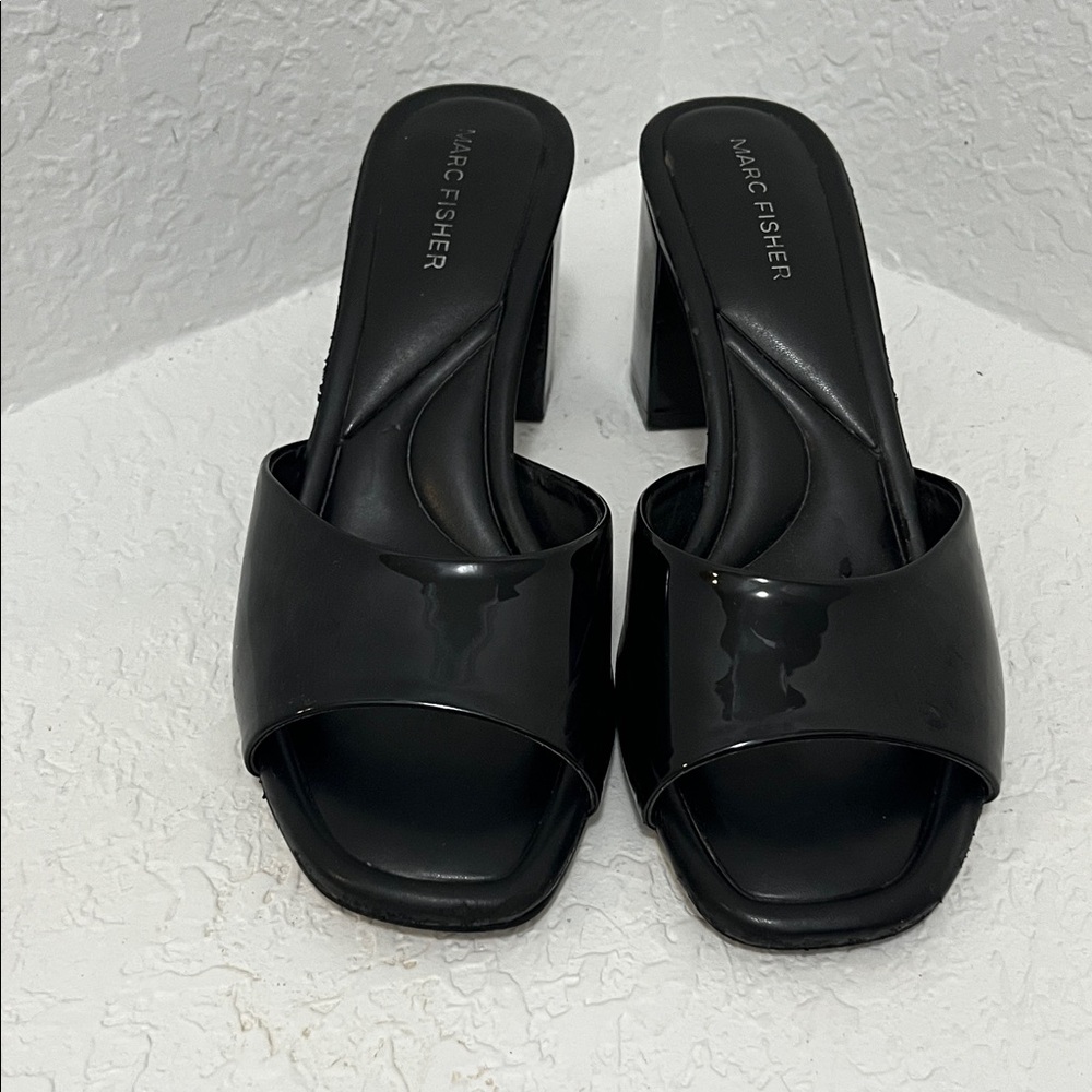 Marc Fisher Black Patent Block Heel Slide Sandals